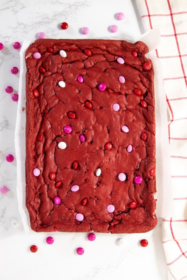 Red Velvet Cookies cookie bars on counter 