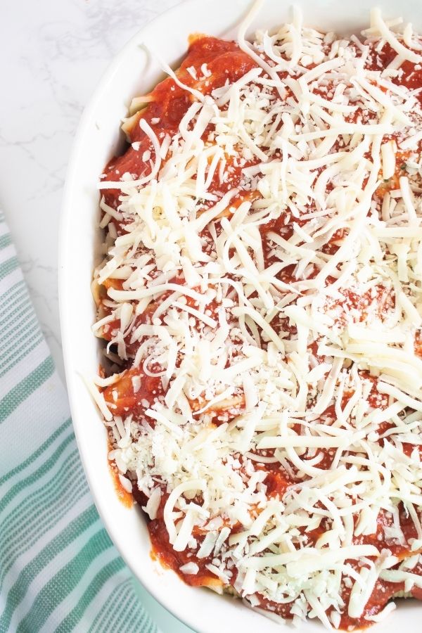 close up view of stuffed shells in pan 