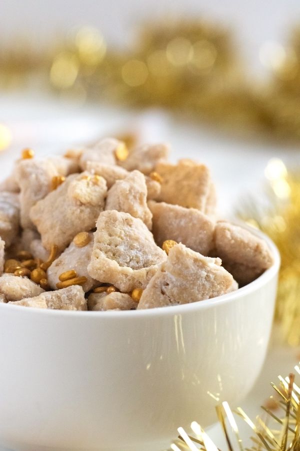 homemade puppy chow in a white bowl