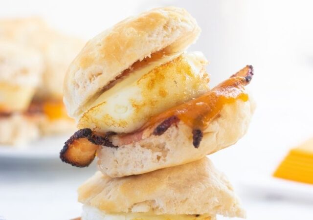 breakfast sandwiches stacked on top of each other