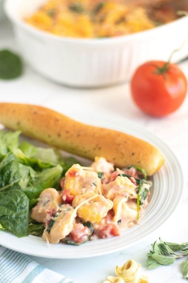 pasta dish on white plate with casserole in the background 