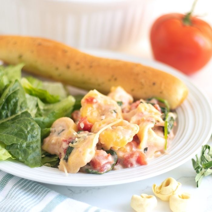 Spinach and tomato tortellini bake is a delicious make ahead meal you can make for any night of the week. Creamy, cheesy, and simple. #passion4savings #tortellini #pasta #tortellini #makeahead #freezerfriendly #dinner #creamy tortellini on plate with pasta and breadstick