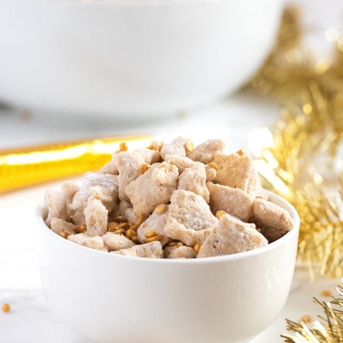 sparkly puppy chow in white bowl 