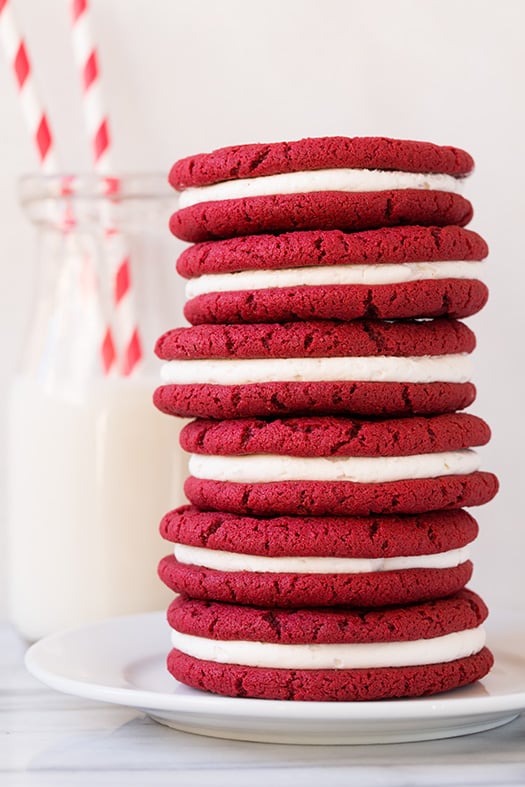 stacked homemade red velvet oreos 