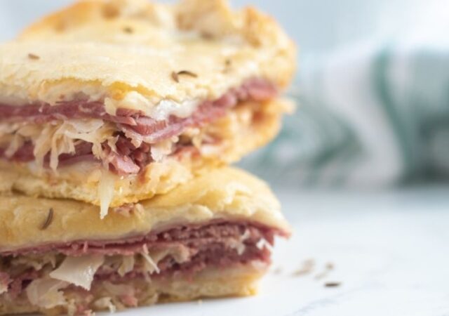 reuben casserole stacked on top of each other