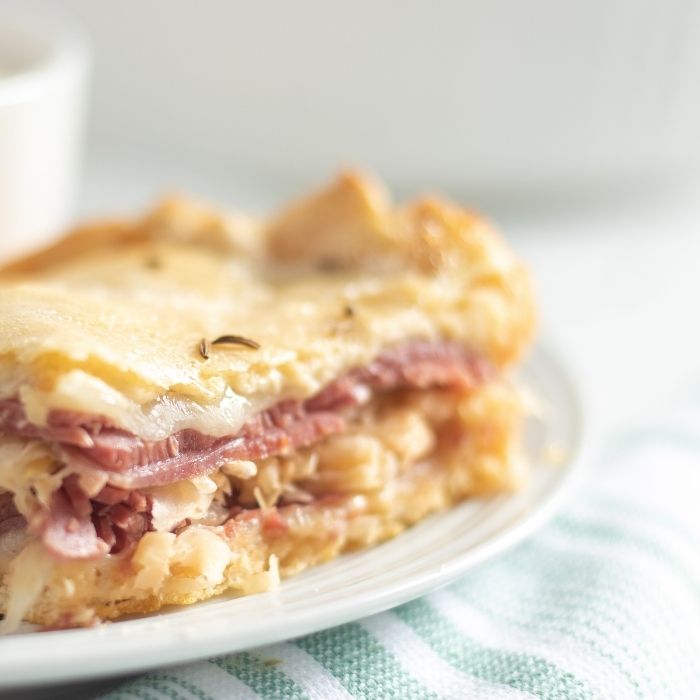 reuben casserole sliced and placed in table 