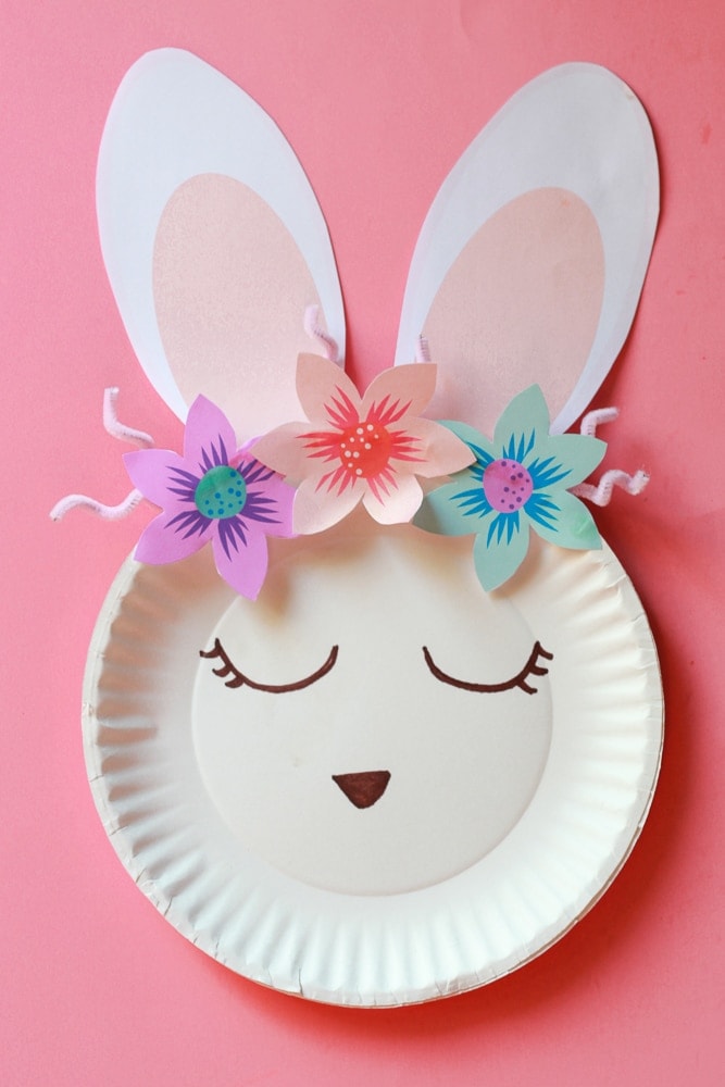 easter bunny paper plate on pink table 