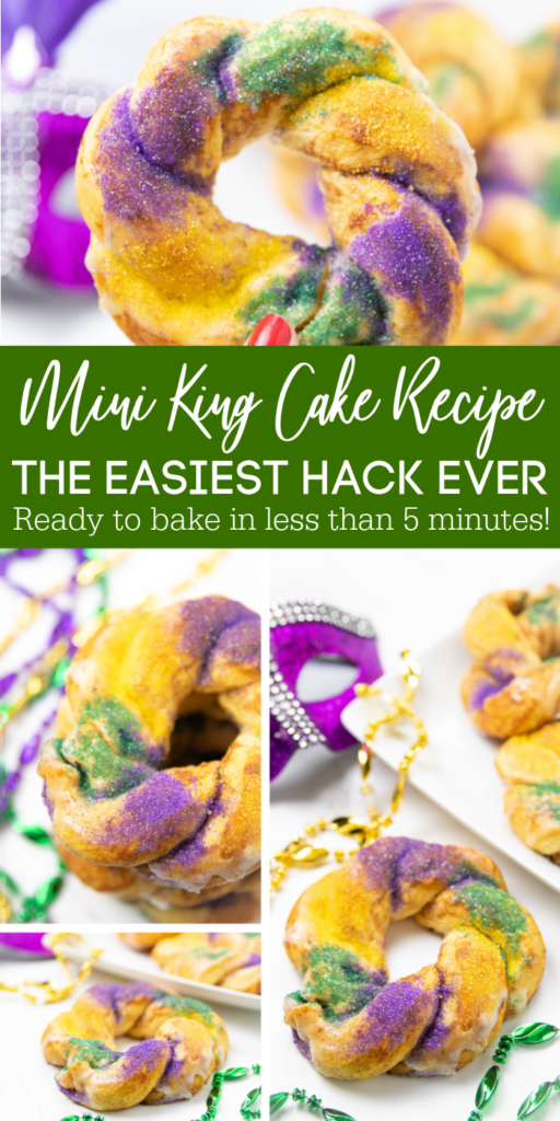 Easy Kings Cake Recipe that uses cinnamon rolls as the base. Quick, easy and just 5 minutes of prep before these cakes are in the oven! #passion4savings #madigras #cake #kingcake #cinnamonroll #dessert #breakfast #kidfriendly Easy King Cake Recipe