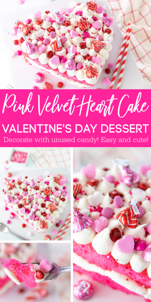 Pink Velvet Heart Cake is a festive Valentine's Day cake that is a pink velvet cake. Decorated with v-day candy for a colorful feel! #passion4savings #valentinesday #valentines #pinkvelvet #pink #velvet #cake #heart #heartshape #dessert #candy Pink Velvet Heart Cake