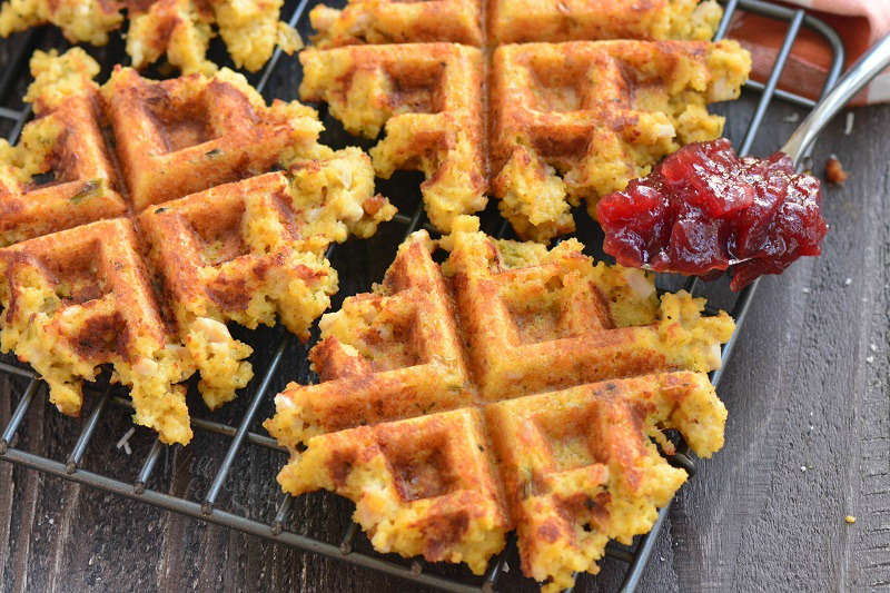 turkey stuffing waffles on cooling rack