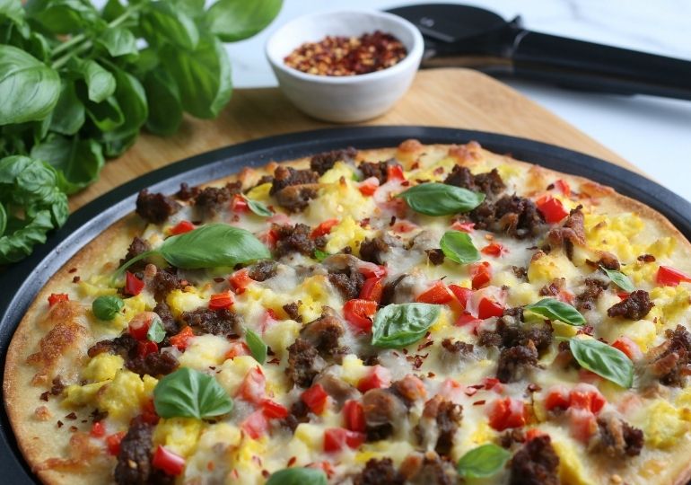 pizza in pan on counter