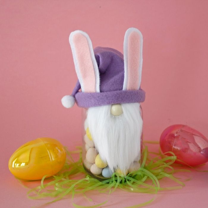 bunny gnome mason jar craft on counter 