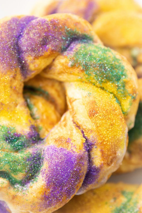 madi gras king cake cinnamon roll close up 