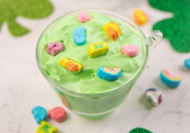 cup with minty hot chocolate and dehydrated marshmallows on top