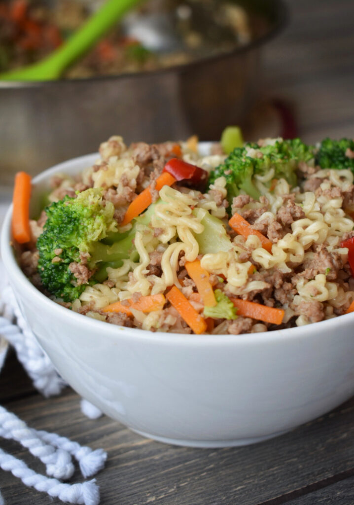 beefy ramen in a bowl with vegetables 