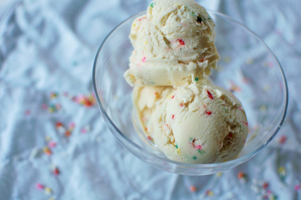 cake batter ice cream in a glass bowl 
