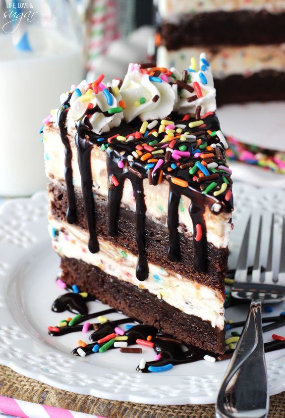 cake batter ice cream cake with brownies on plate 