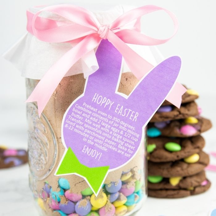 Easter Cookies in a Jar Gift is a fun Easter gift to send to loved ones. This Easter M&M Cookie in a jar is so easy and fun to make. #passion4savings #easter #printable #easterrecipe #cookies #eastertag #masonjar #gift #affordable Easter cookie jar