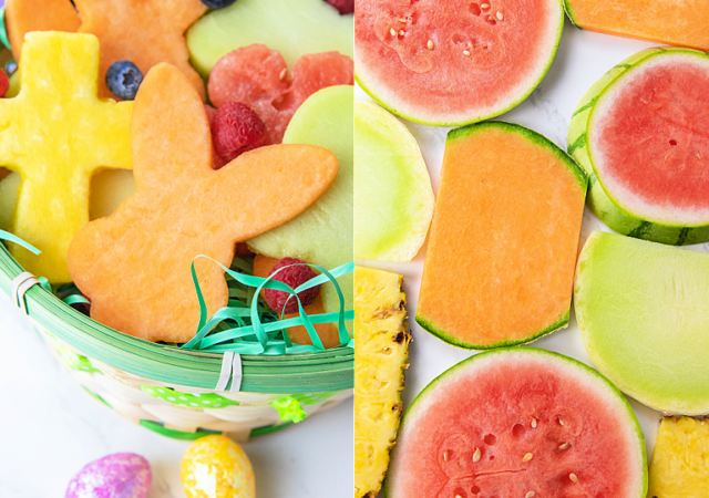 healthy easter fruit basket cut out with cookie cutters in easter shapes