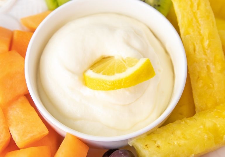 lemonade fruit dip on a platter with fruit