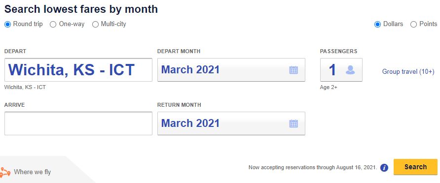 Southwest Low Fare Calendar