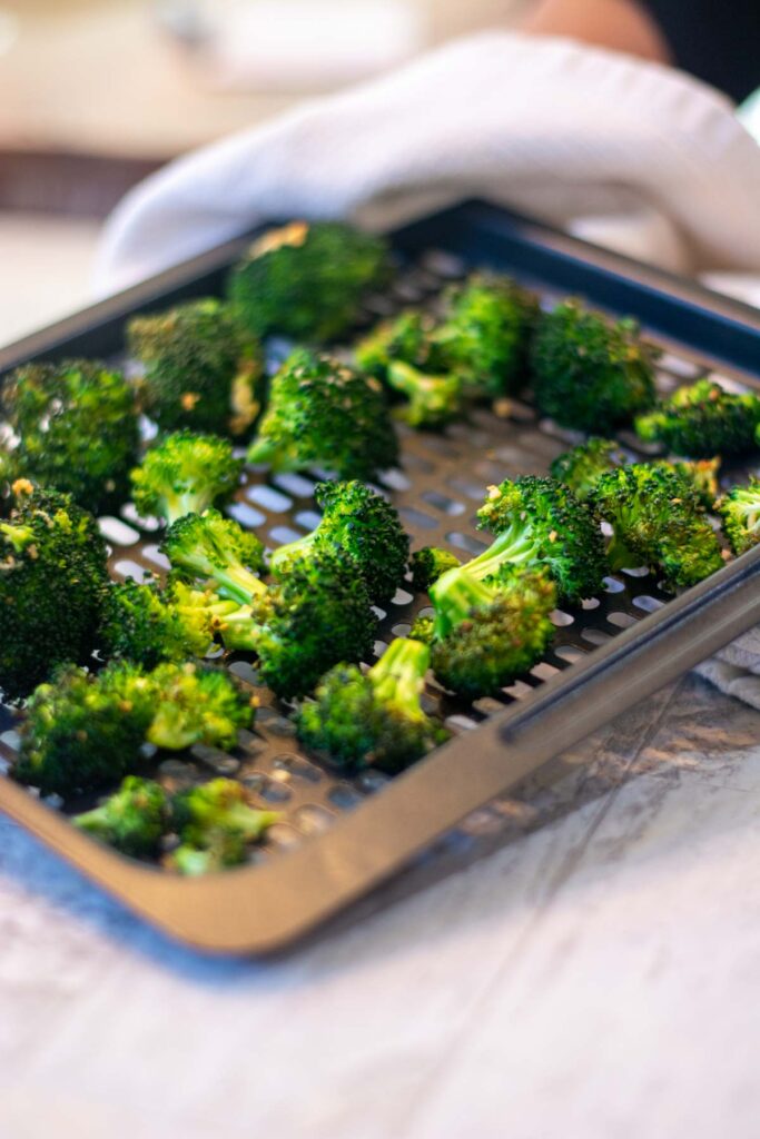 air fried broccoli on sheet 