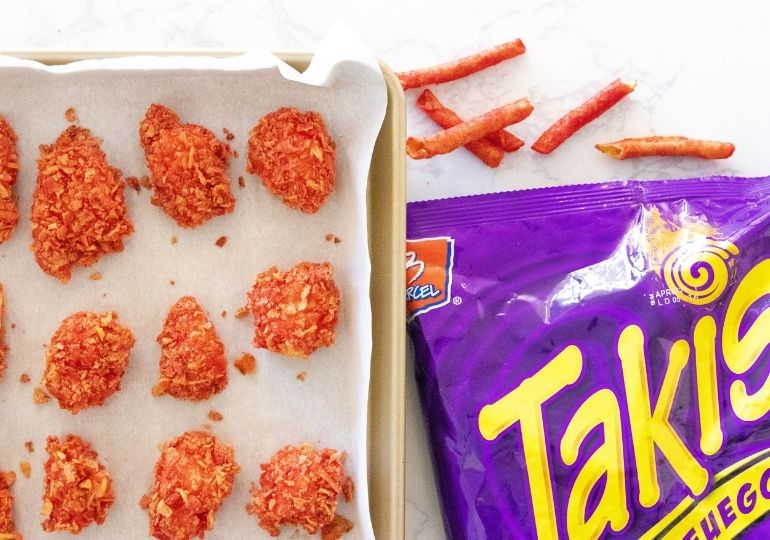 takis chicken on baking sheet