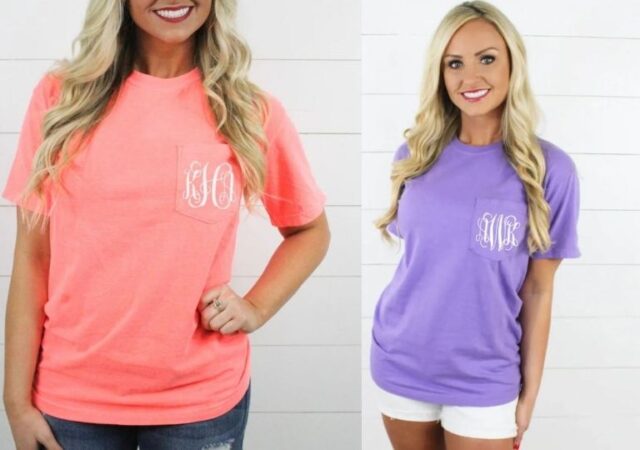 Monogrammed Pocket Tees - woman wearing tees