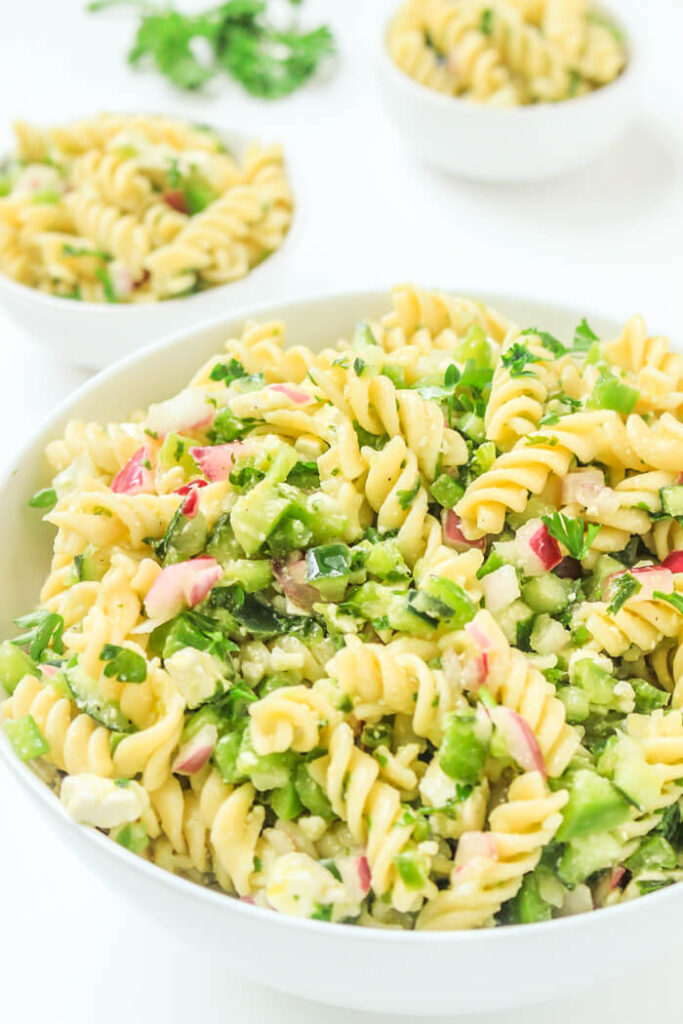 vegetable pasta salad in a bowl 