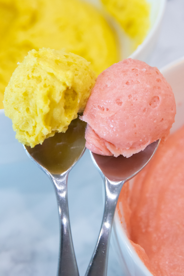 Whip up these simple strawberry lemonade cake mix cookies. A summer cookie that is swirled with strawberry and lemon flavor in each bite. #passion4savings #cakemix #cookies #best #strawberry #lemonade #bake #baking #cakemix #cookierecipe cookie dough on two spoons