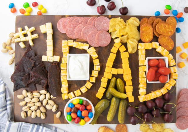 dad snack board on serving dray