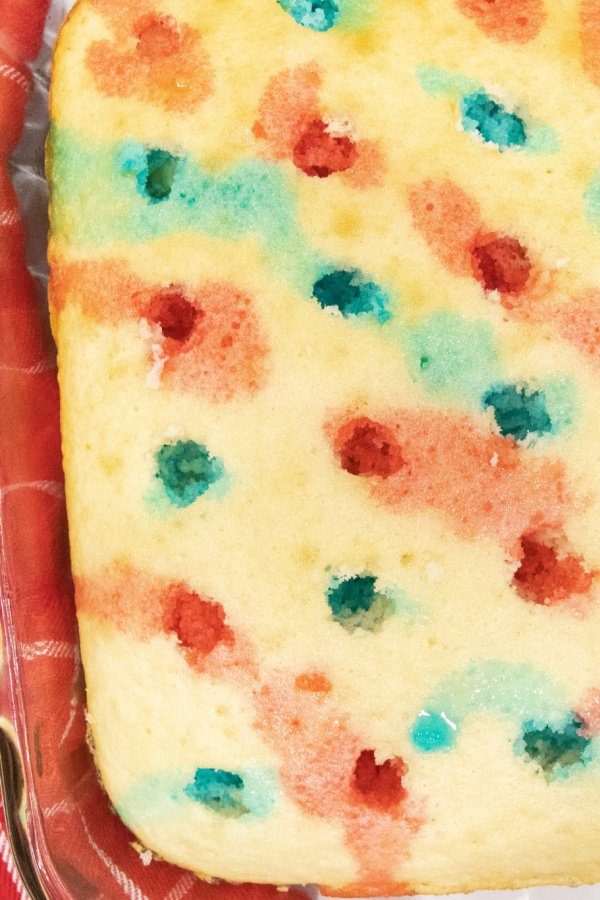 jello poke cake dessert in pan 