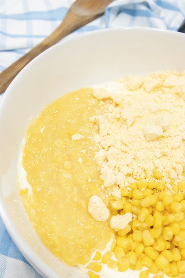 cornbread casserole ingredients in a bowl 