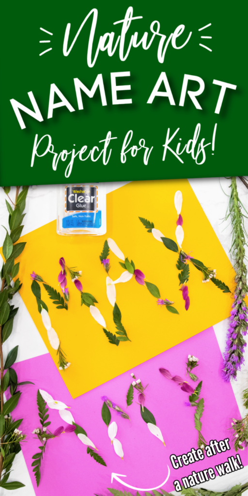 Nature name art for kids is a fun way to use items from the outdoors to make their name stand out. A DIY activity for kids they will enjoy. #DIY #activity #name #art #outdoors #forkids #flowers #grass #project #cheap #affordable nature name art