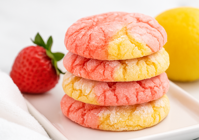strawberry lemonade cake mix cookies stacked on a white serving platter