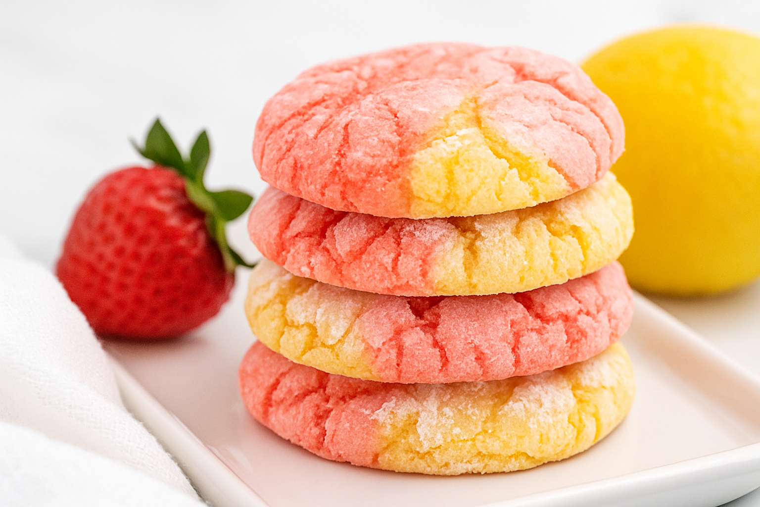 strawberry lemonade cake mix cookies stacked on a white serving platter
