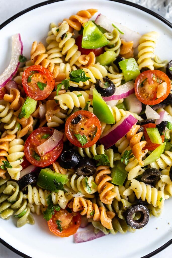 vega pasta salad on a plate 