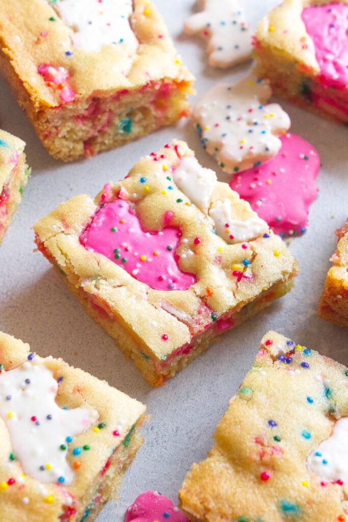 circus animal blondie cookie bars cut on table 
