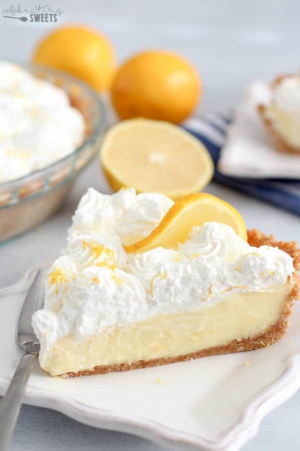 slice of lemon cream pie with graham cracker crust 