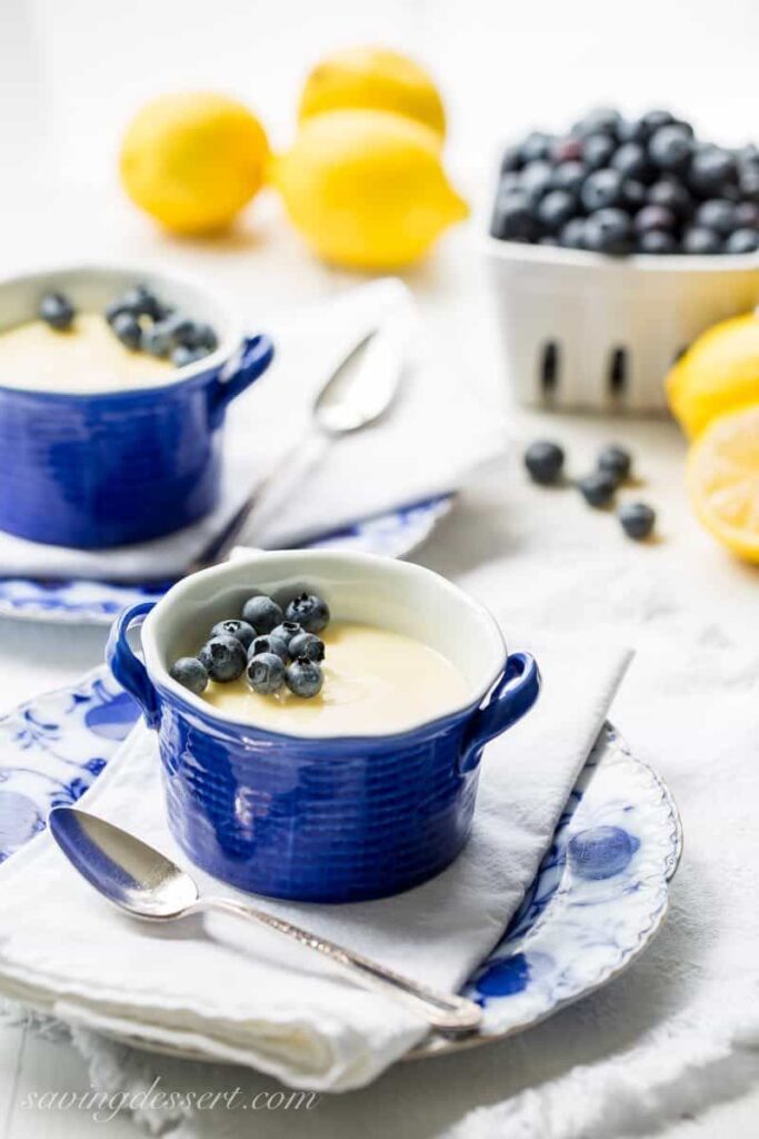lemon posset dessert in blue jar 