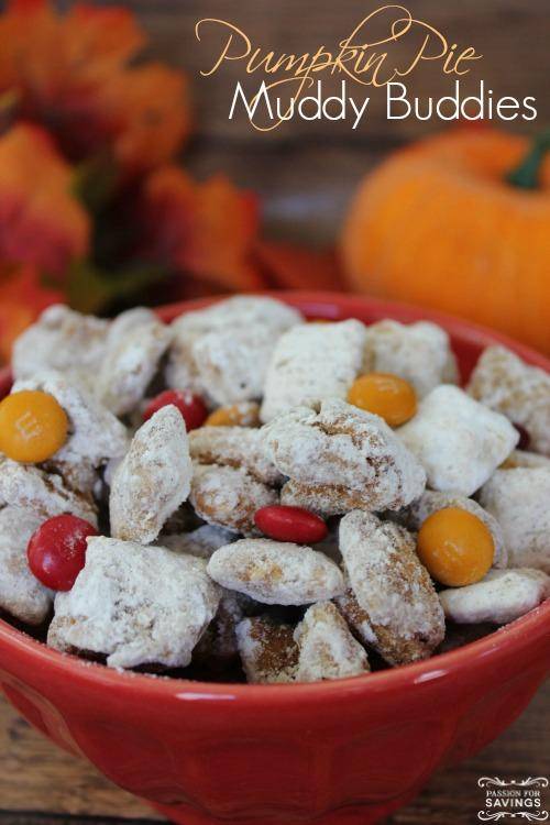 pumpkin pie puppy chow in a red bowl 