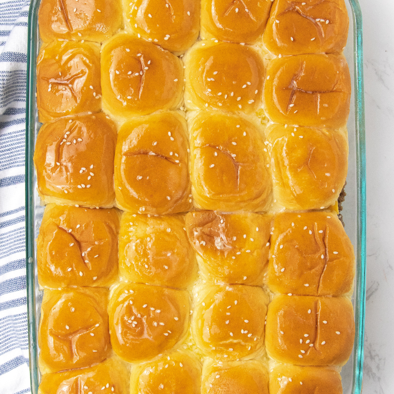 overhead shot of sliders in a pan