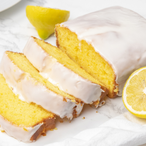 sliced lemon bread on marble counter