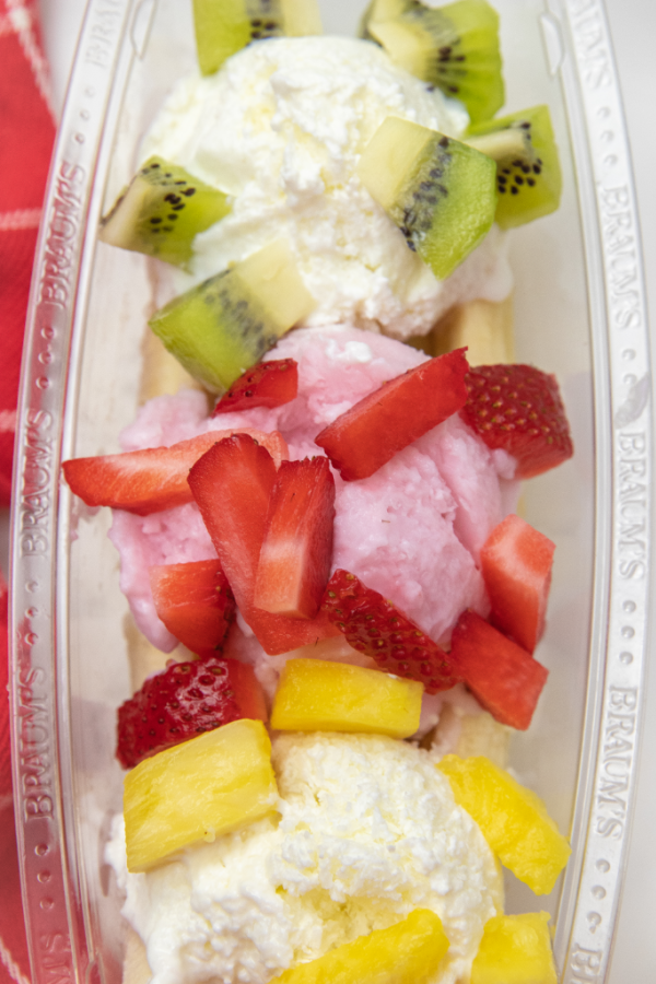 close up of a banana split with yogurt 