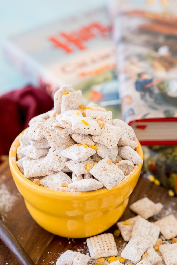 harry potter butterbeer in a yellow bowl with books behind it 