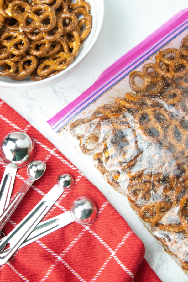 seasoned pretzels in a ziploc bag on table