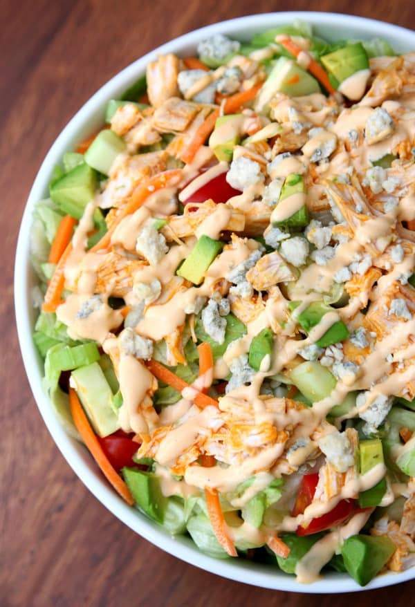 Buffalo Chicken Salad in a white bowl on table