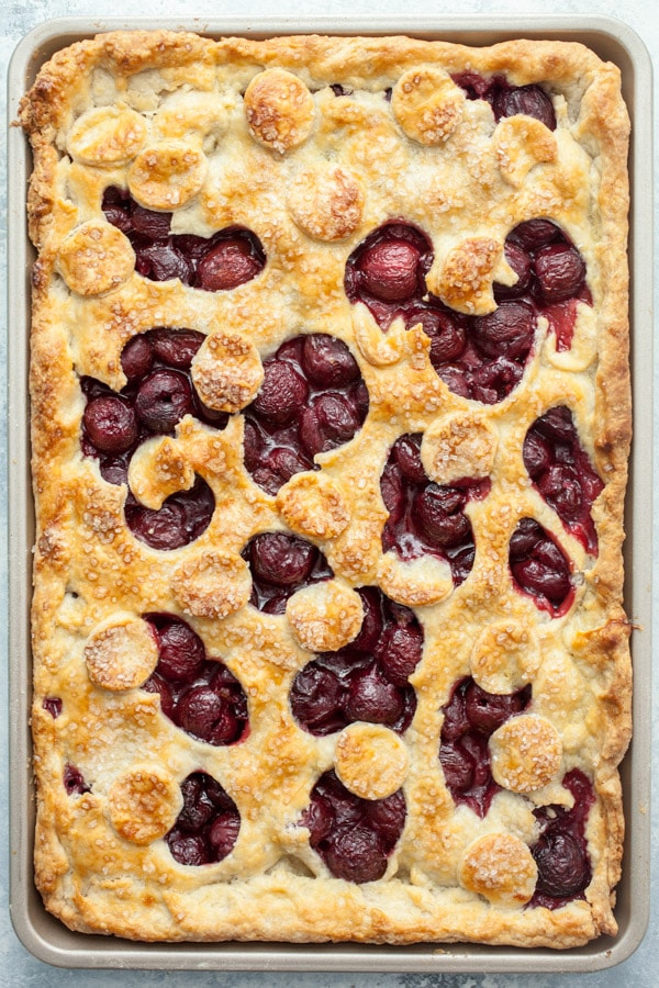cherry slab pie with golden crust on top 