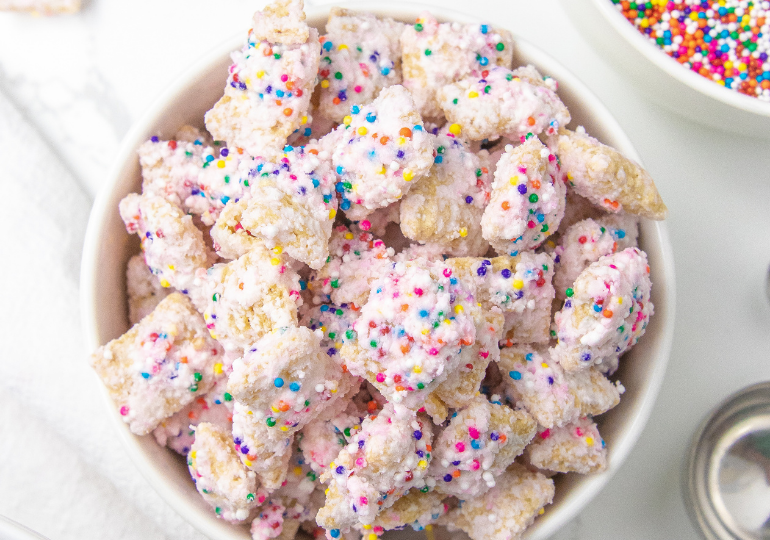 bowl of puppy chow with sprinkles on it