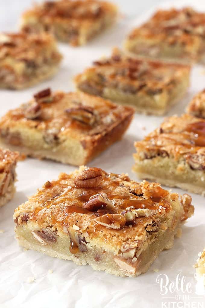 caramel pecan pie bars sliced 